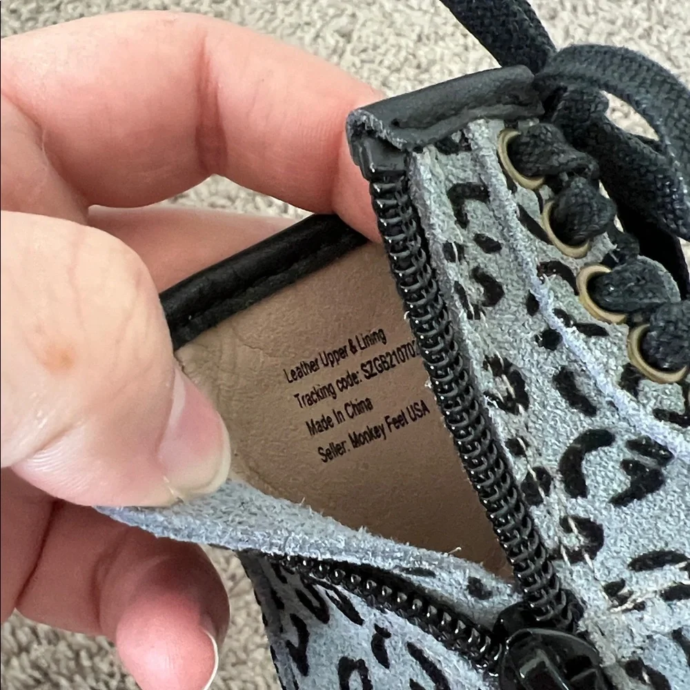 Monkey Feet Lace Up Leather Grey Cheetah Print Boots